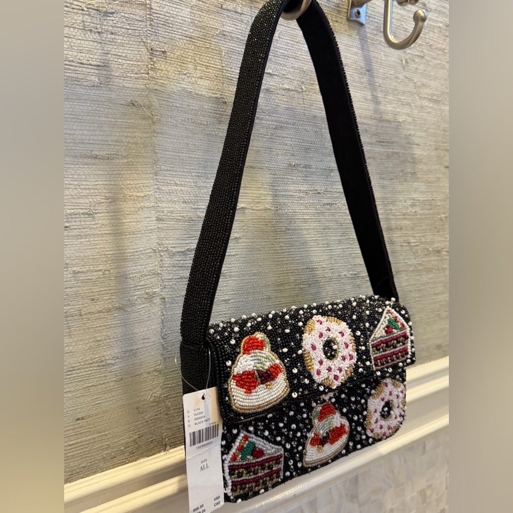 NWT new Anthropologie Fiona beaded shoulder bag holiday desserts black winter - Picture 12 of 17